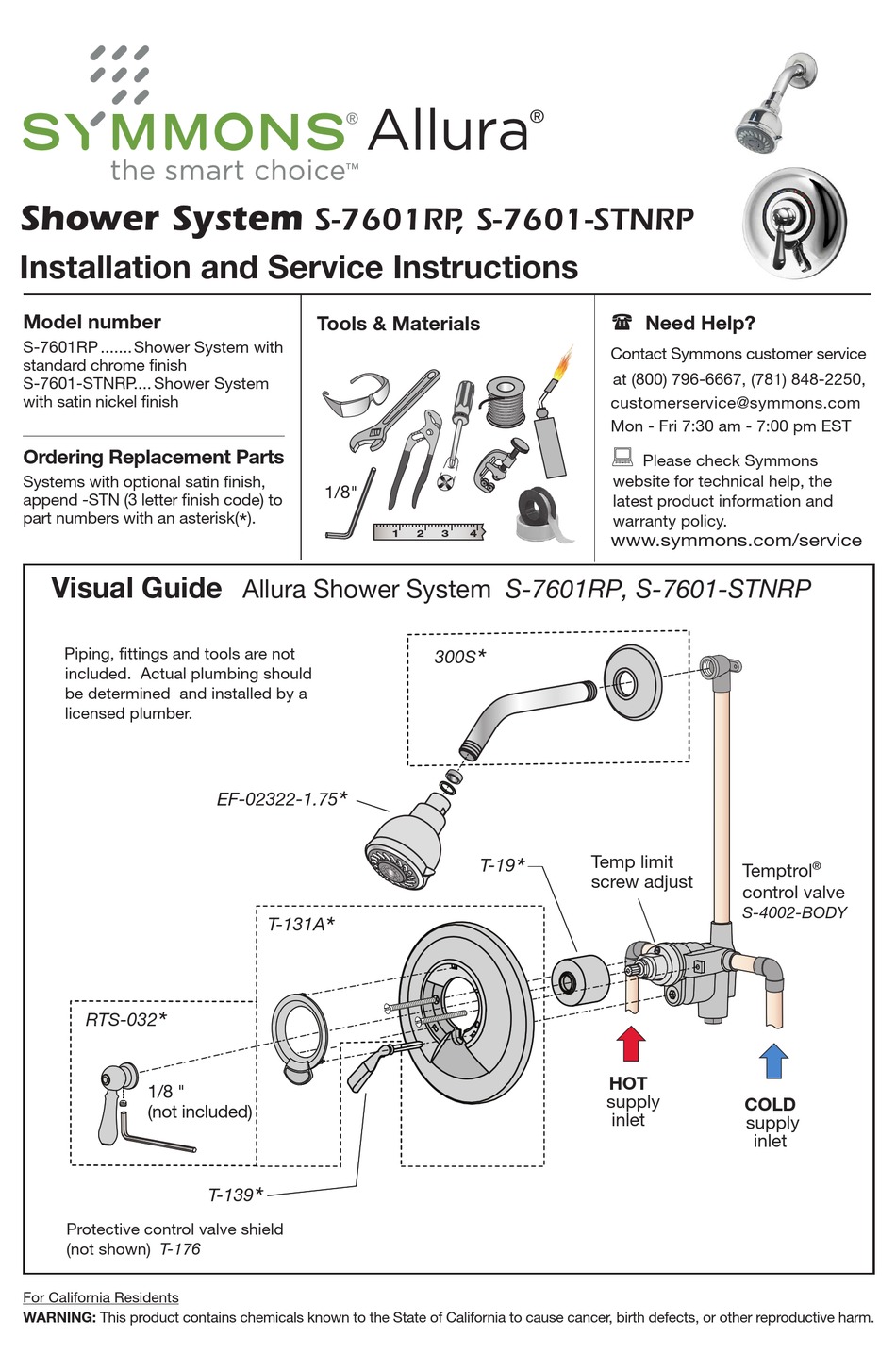 SYMMONS ALLURA S7601RP INSTALLATION AND SERVICE INSTRUCTIONS MANUAL