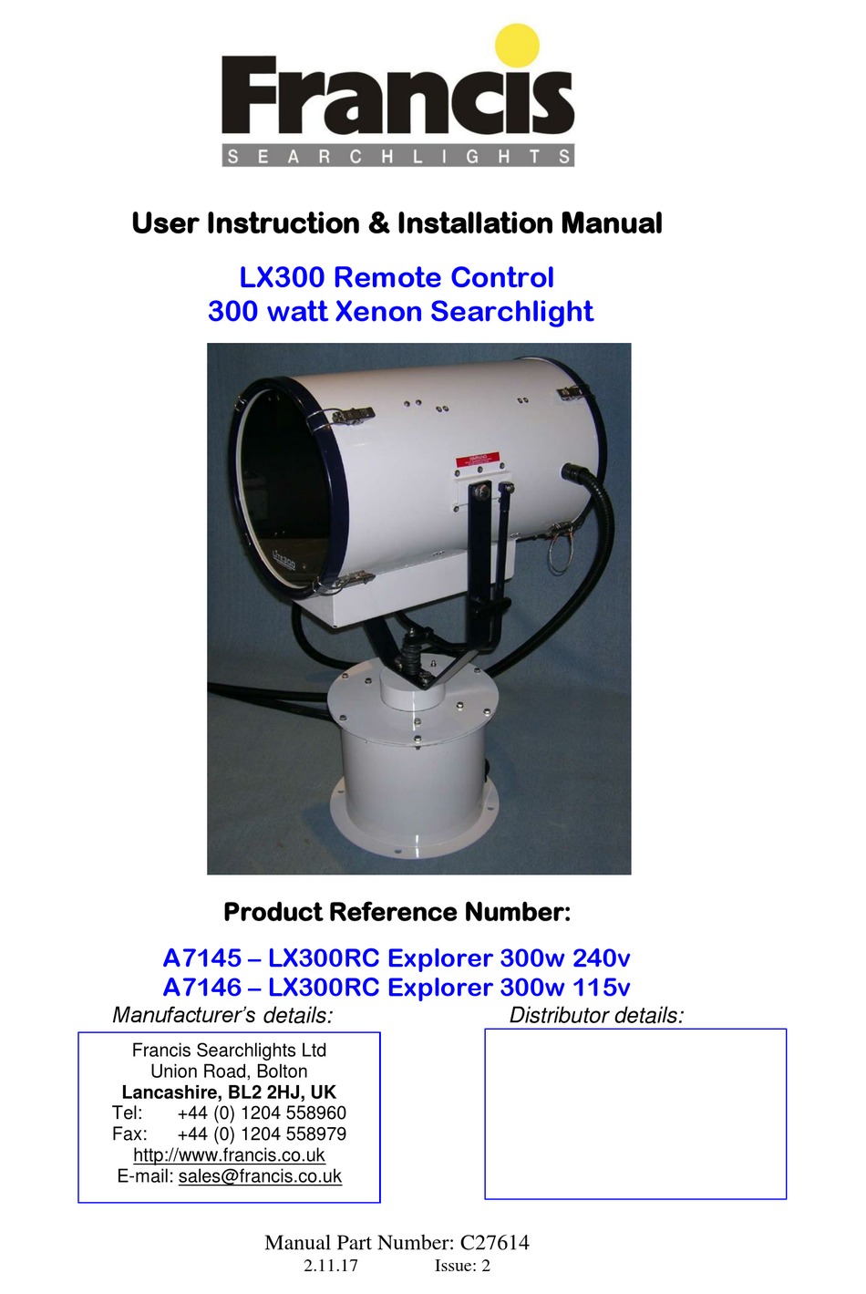 FRANCIS SEARCHLIGHTS A7145 USER INSTRUCTION & INSTALLATION MANUAL Pdf