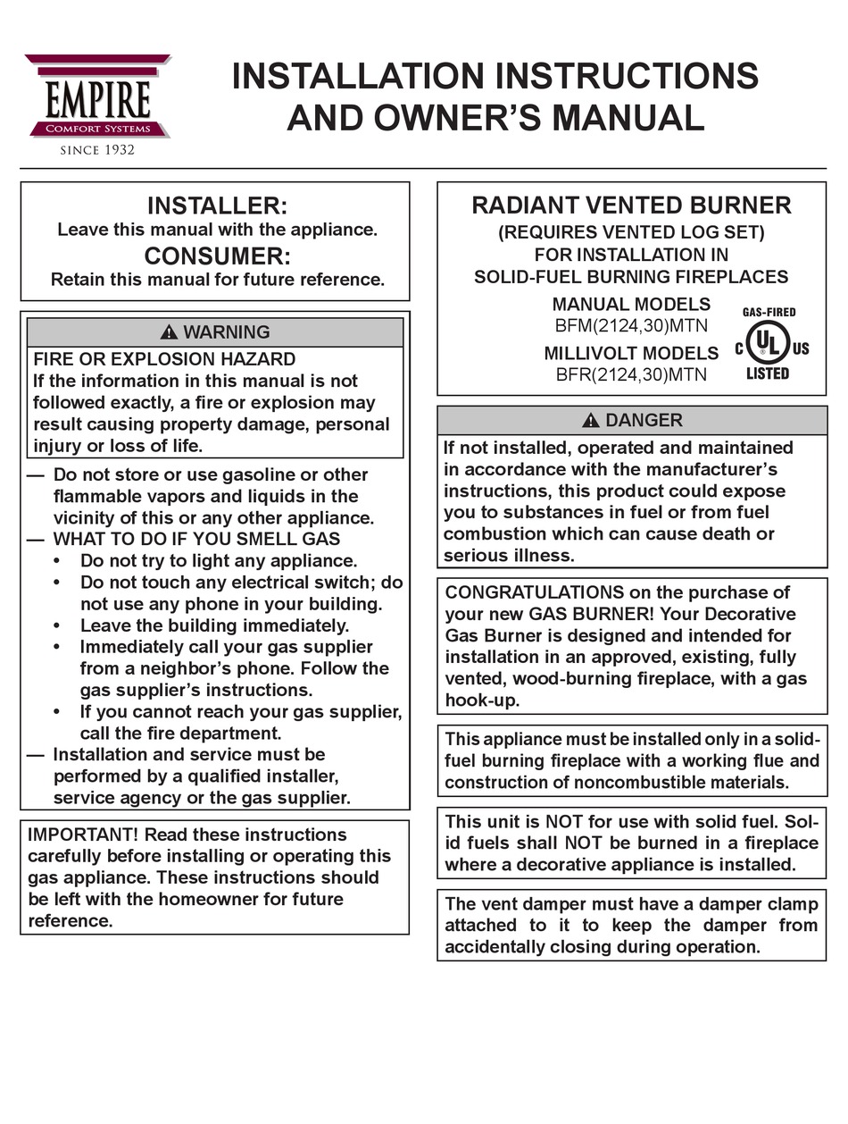 EMPIRE COMFORT SYSTEMS BFM2124MTN INSTALLATION INSTRUCTIONS AND OWNER