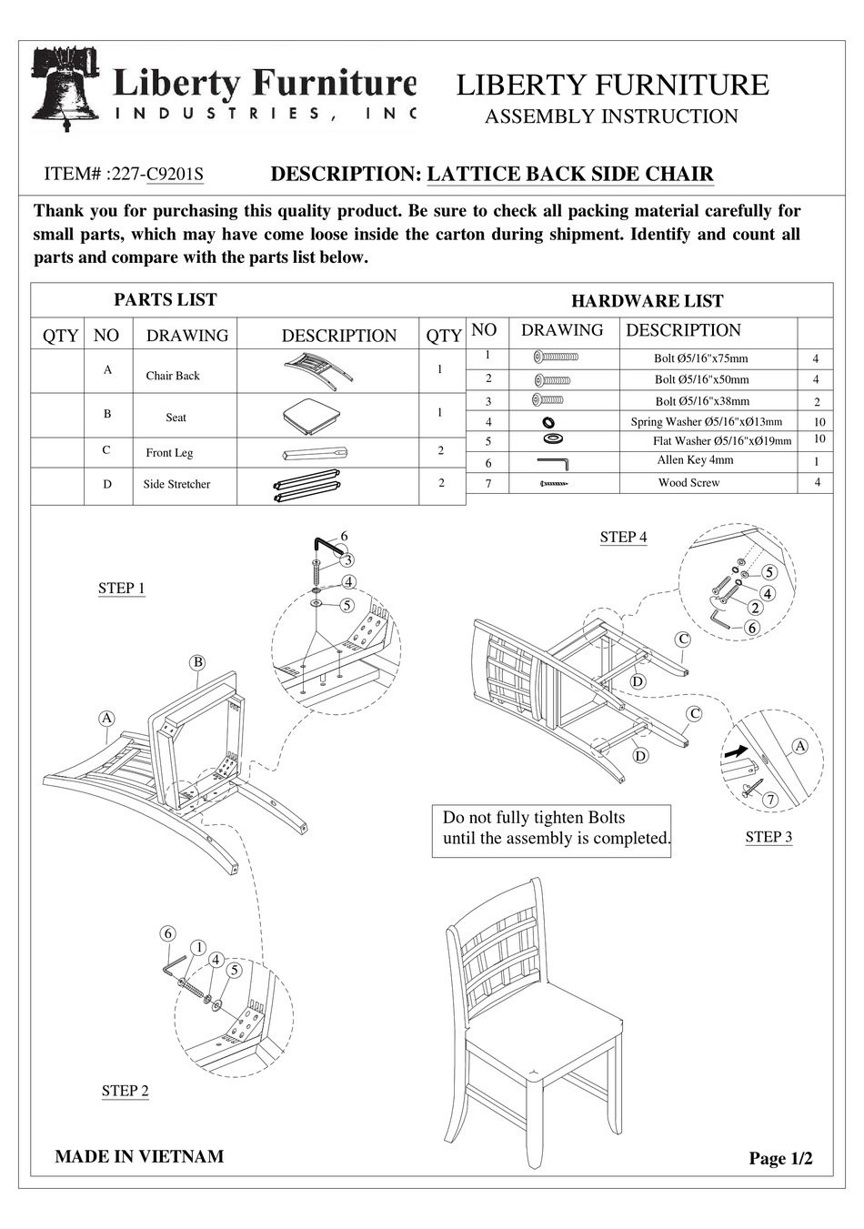 LIBERTY FURNITURE 227C9201S ASSEMBLY INSTRUCTION Pdf Download ManualsLib
