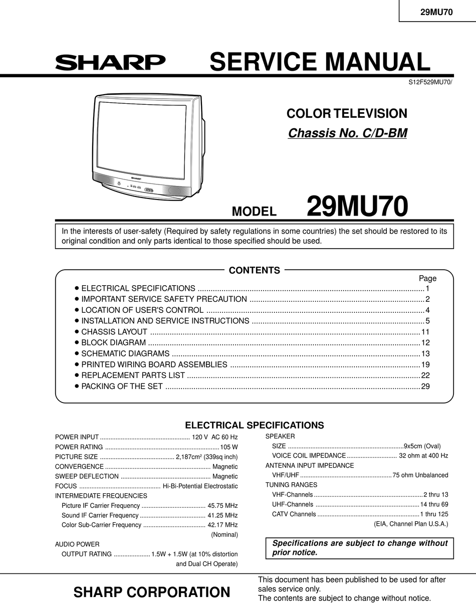 SHARP 29MU70 SERVICE MANUAL Pdf Download | ManualsLib