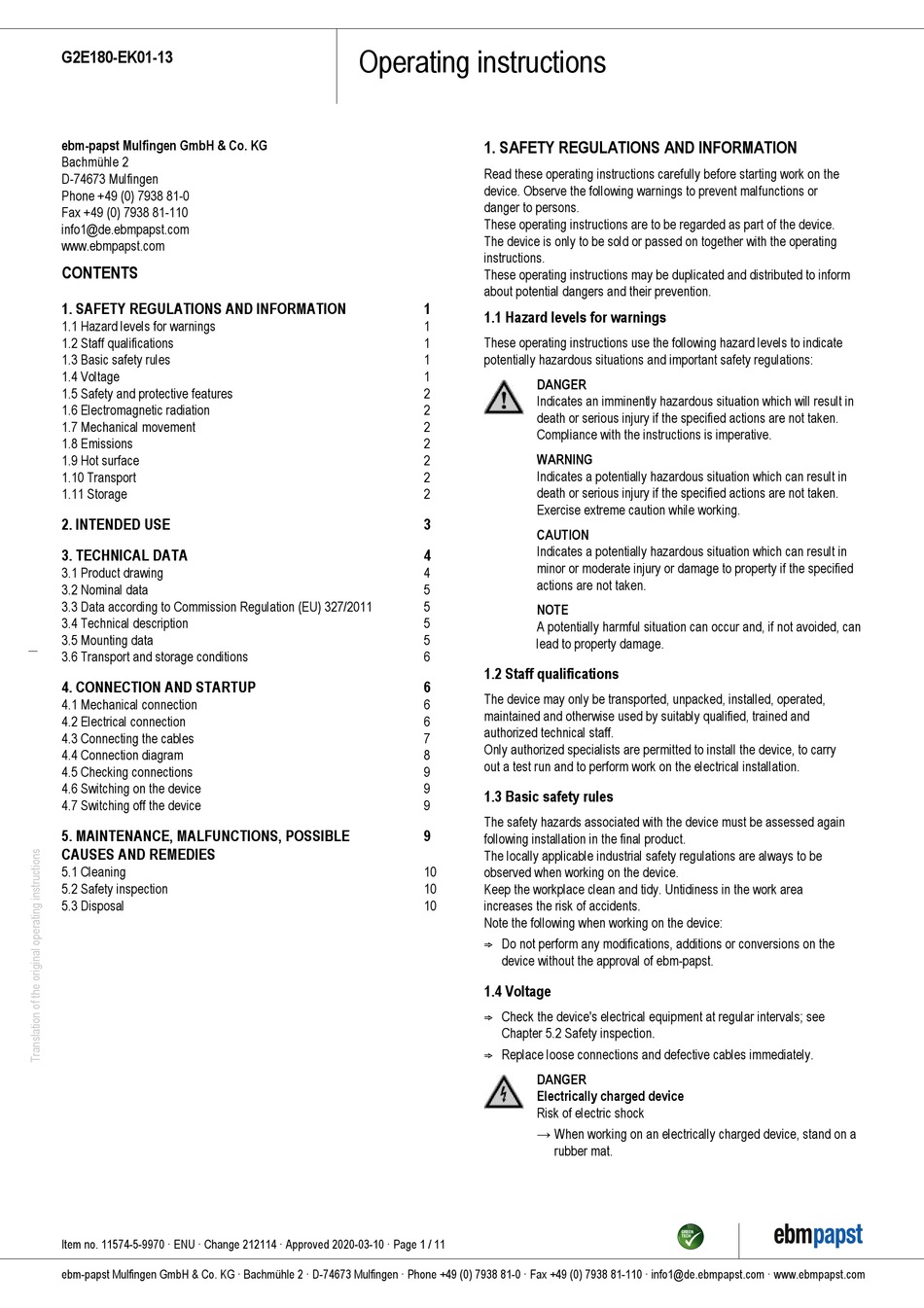 EBM PAPST G2E180 EK01 13 OPERATING INSTRUCTIONS MANUAL Pdf Download