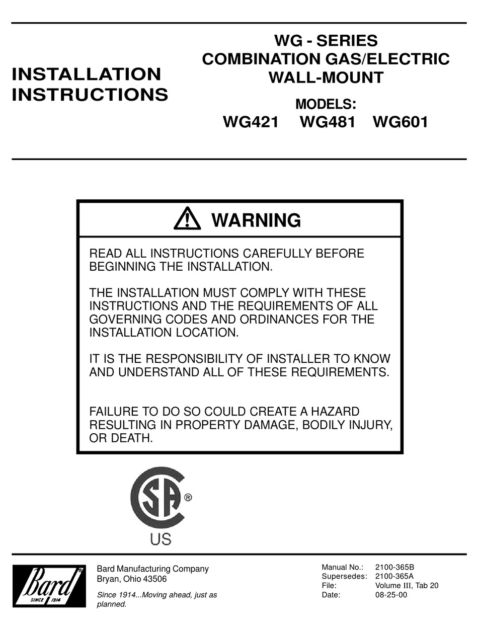 BARD WG421 INSTALLATION INSTRUCTIONS MANUAL Pdf Download | ManualsLib