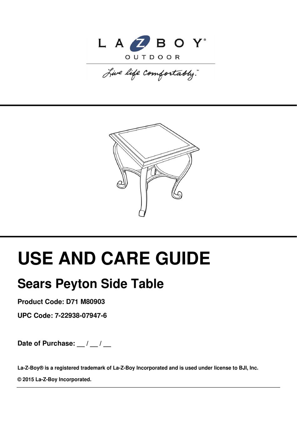 LAZBOY SEARS PEYTON D71 M80903 USE AND CARE MANUAL Pdf Download