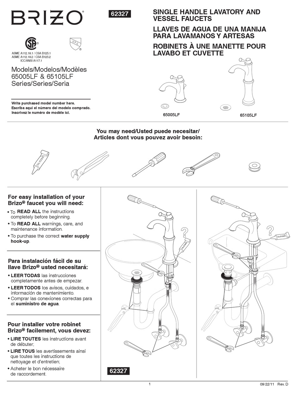BRIZO 65105LF INSTALLATION INSTRUCTIONS MANUAL Pdf Download ManualsLib