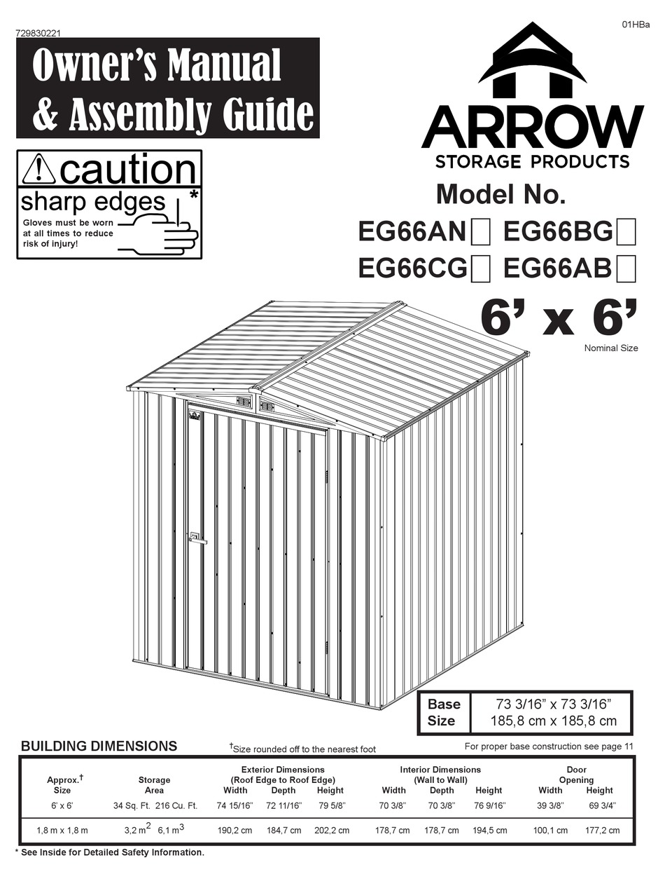 ARROW STORAGE PRODUCTS EG66AN OWNER'S MANUAL & ASSEMBLY MANUAL Pdf ...