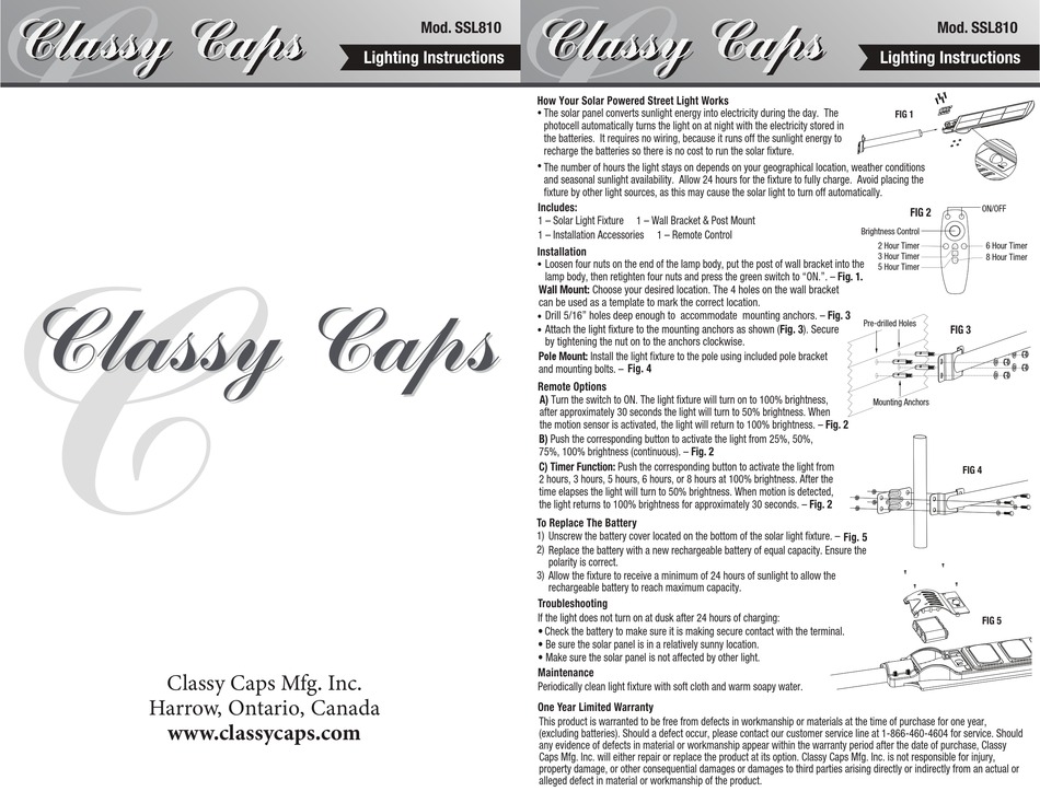 CLASSY CAPS SSL810 LIGHTING INSTRUCTIONS Pdf Download ManualsLib