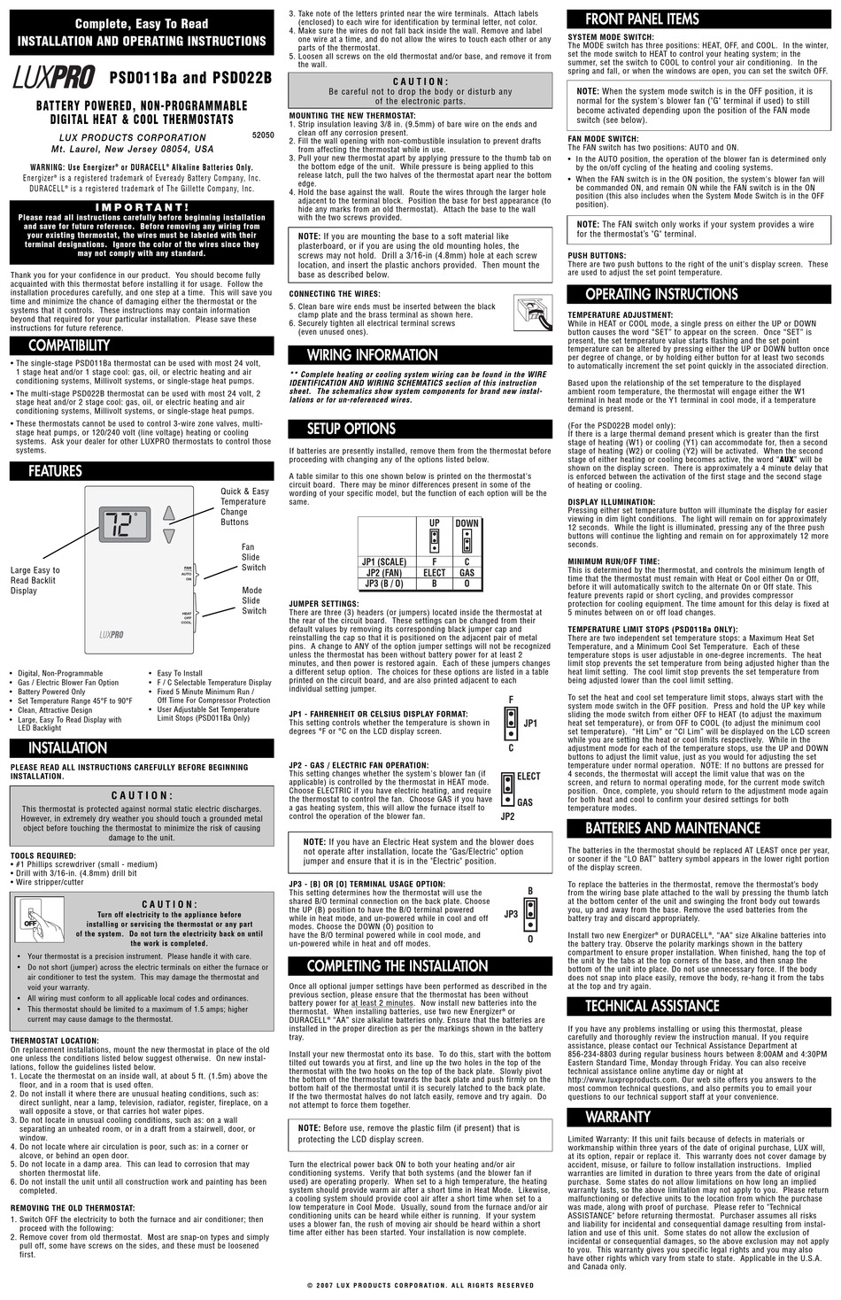 LUX PRODUCTS LUXPRO PSD022B INSTALLATION AND OPERATING INSTRUCTIONS Pdf