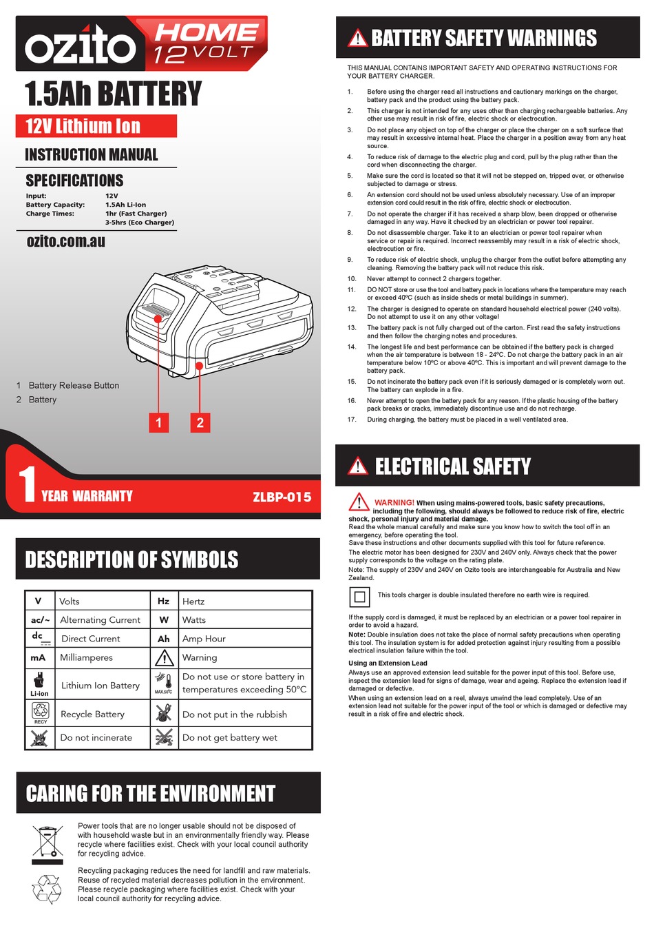 OZITO ZLBP-015 INSTRUCTION MANUAL Pdf Download | ManualsLib