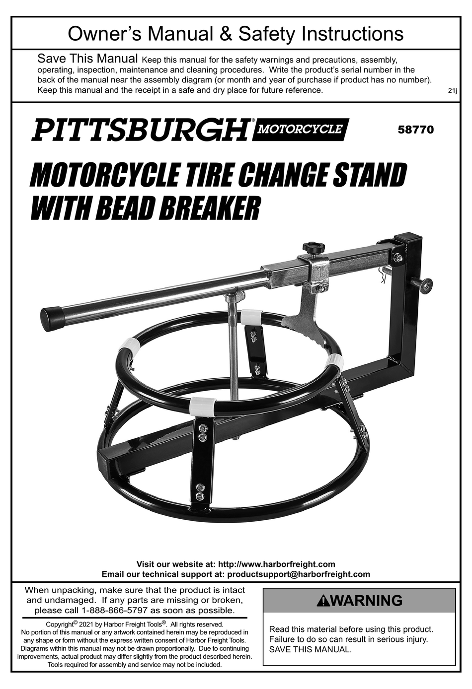 PITTSBURGH MOTORCYCLE 58770 OWNER'S MANUAL & SAFETY INSTRUCTIONS Pdf