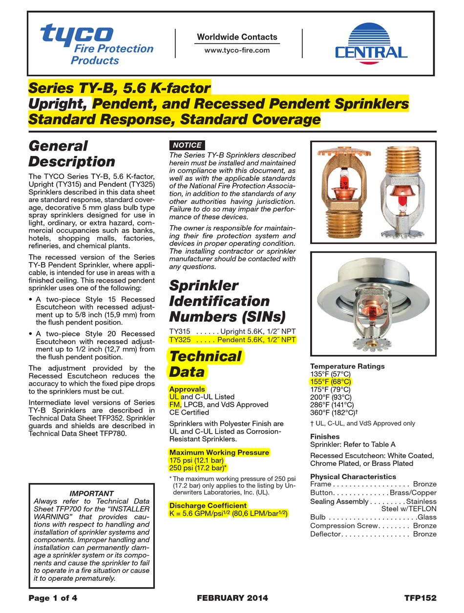 TYCO FIRE PROTECTION PRODUCTS TY-B SERIES MANUAL Pdf Download | ManualsLib