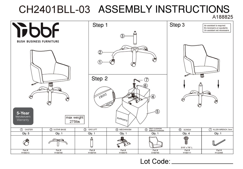 BUSH BUSINESS FURNITURE CH2401BLL03 ASSEMBLY INSTRUCTIONS MANUAL Pdf