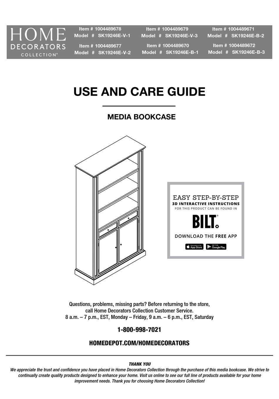 HOME DECORATORS COLLECTION SK19246EV1 USE AND CARE MANUAL Pdf