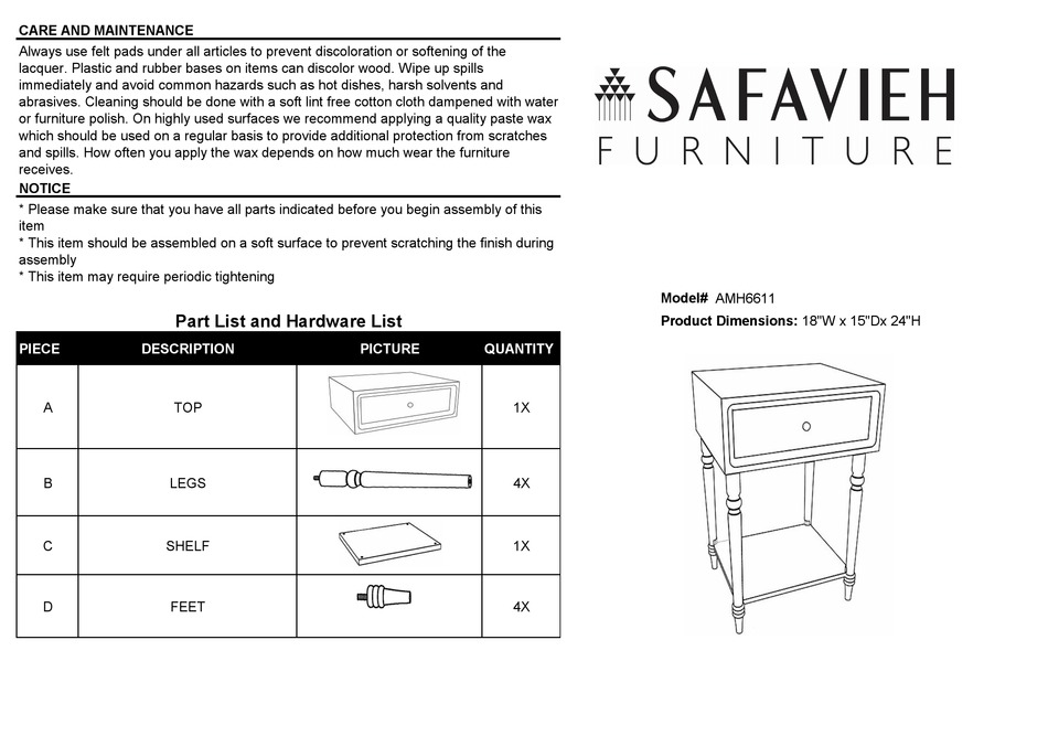 SAFAVIEH FURNITURE SIOBHAN AMH6611 QUICK START MANUAL Pdf Download
