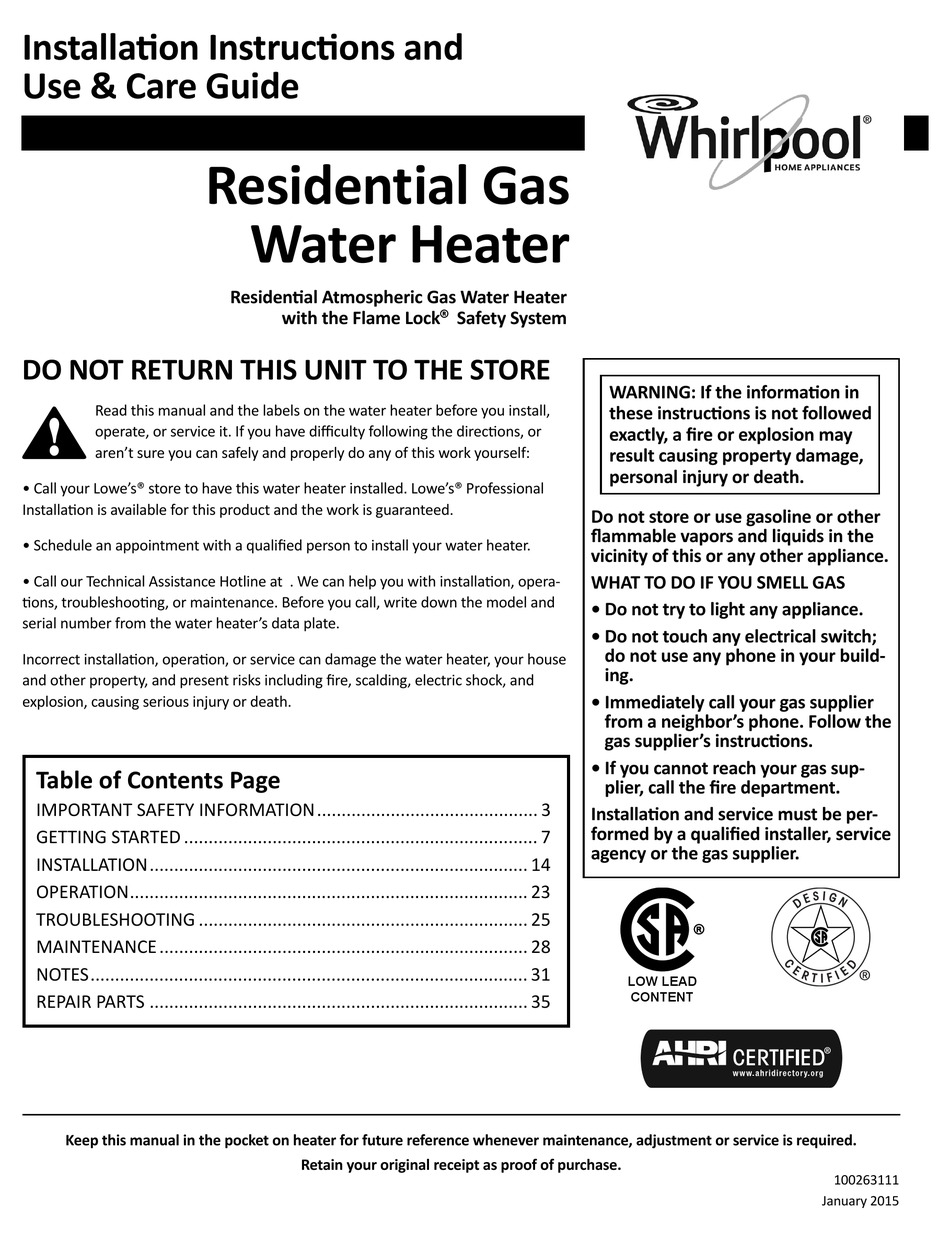 WHIRLPOOL 50T12-40NG INSTALLATION INSTRUCTIONS AND USE & CARE MANUAL ...