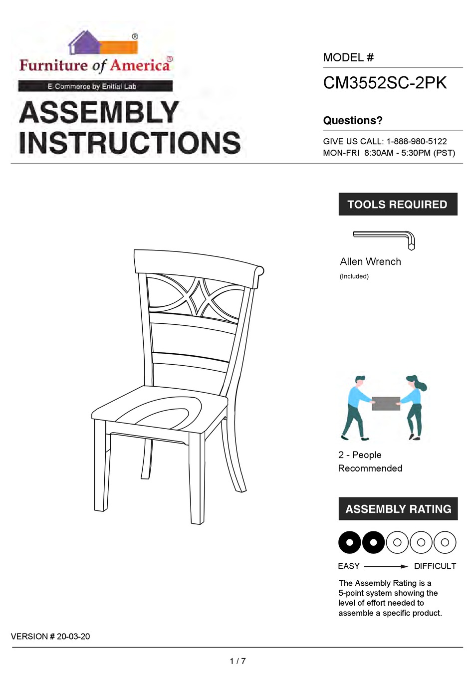 FURNITURE OF AMERICA TORRINGTON CM3552SC2PK ASSEMBLY INSTRUCTIONS