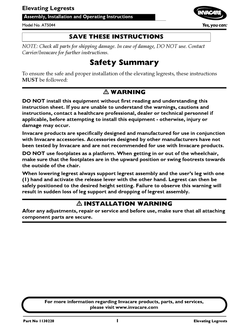 INVACARE AT5044 ASSEMBLY, INSTALLATION AND OPERATING INSTRUCTIONS Pdf