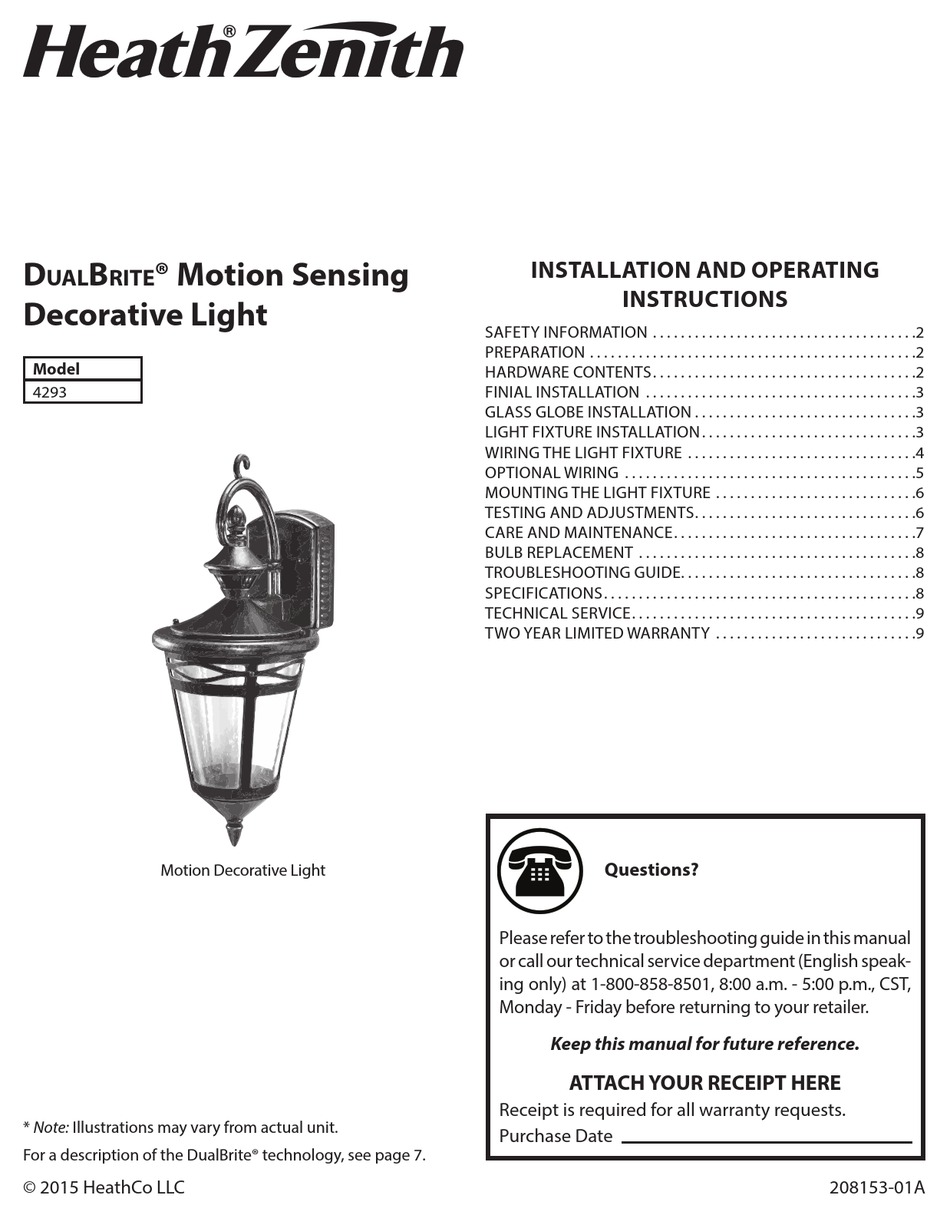 HEATH ZENITH DUALBRITE 4293 INSTALLATION AND OPERATING INSTRUCTIONS