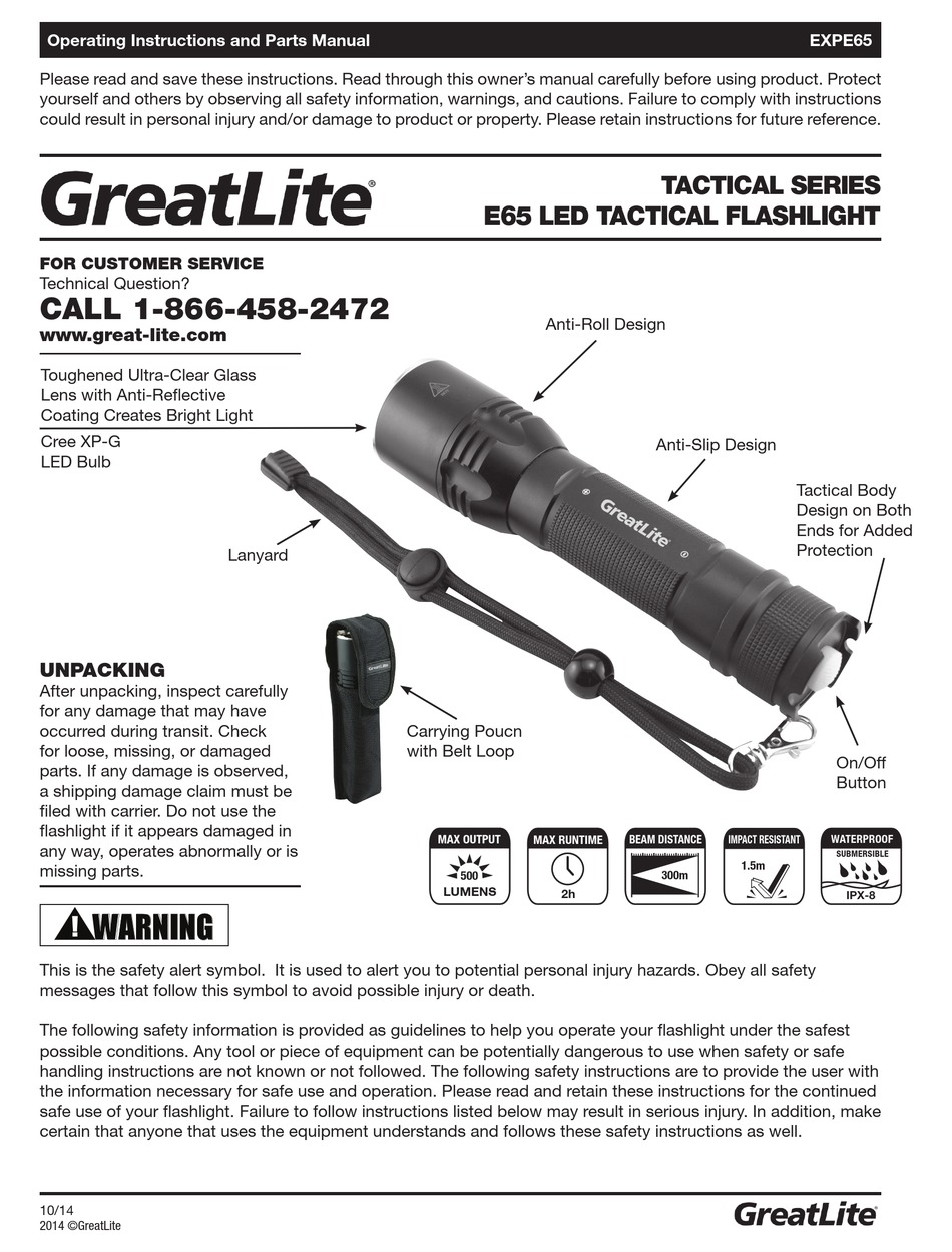 GREATLITE TACTICAL EXPE65 OPERATING INSTRUCTIONS AND PARTS MANUAL Pdf