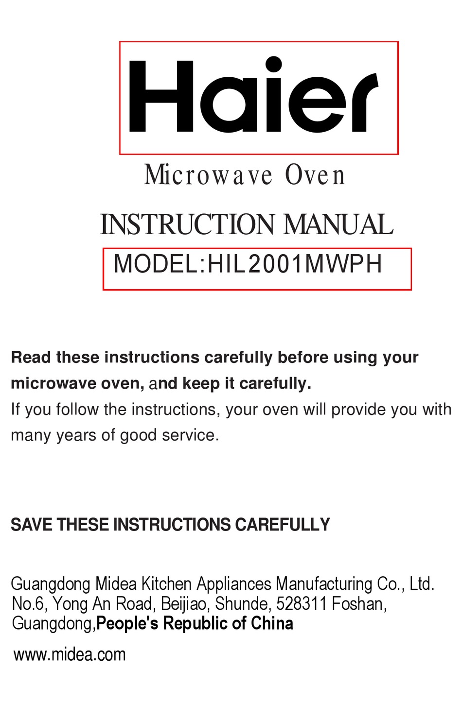 Haier Hil Mwph Instruction Manual Pdf Download Manualslib