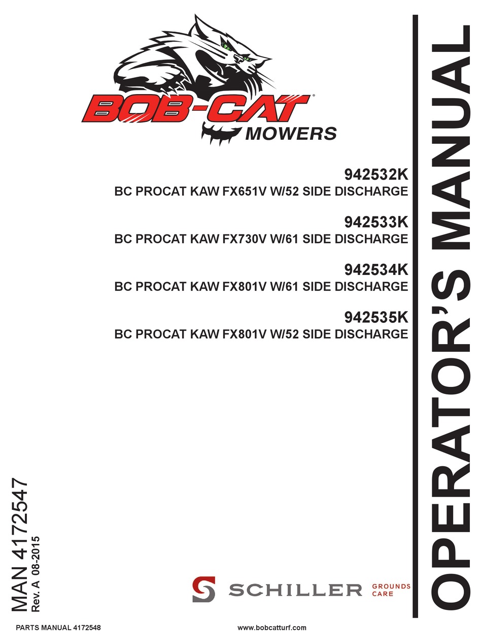 SCHILLER GROUNDS CARE BOBCAT 942532K OPERATOR'S MANUAL Pdf Download