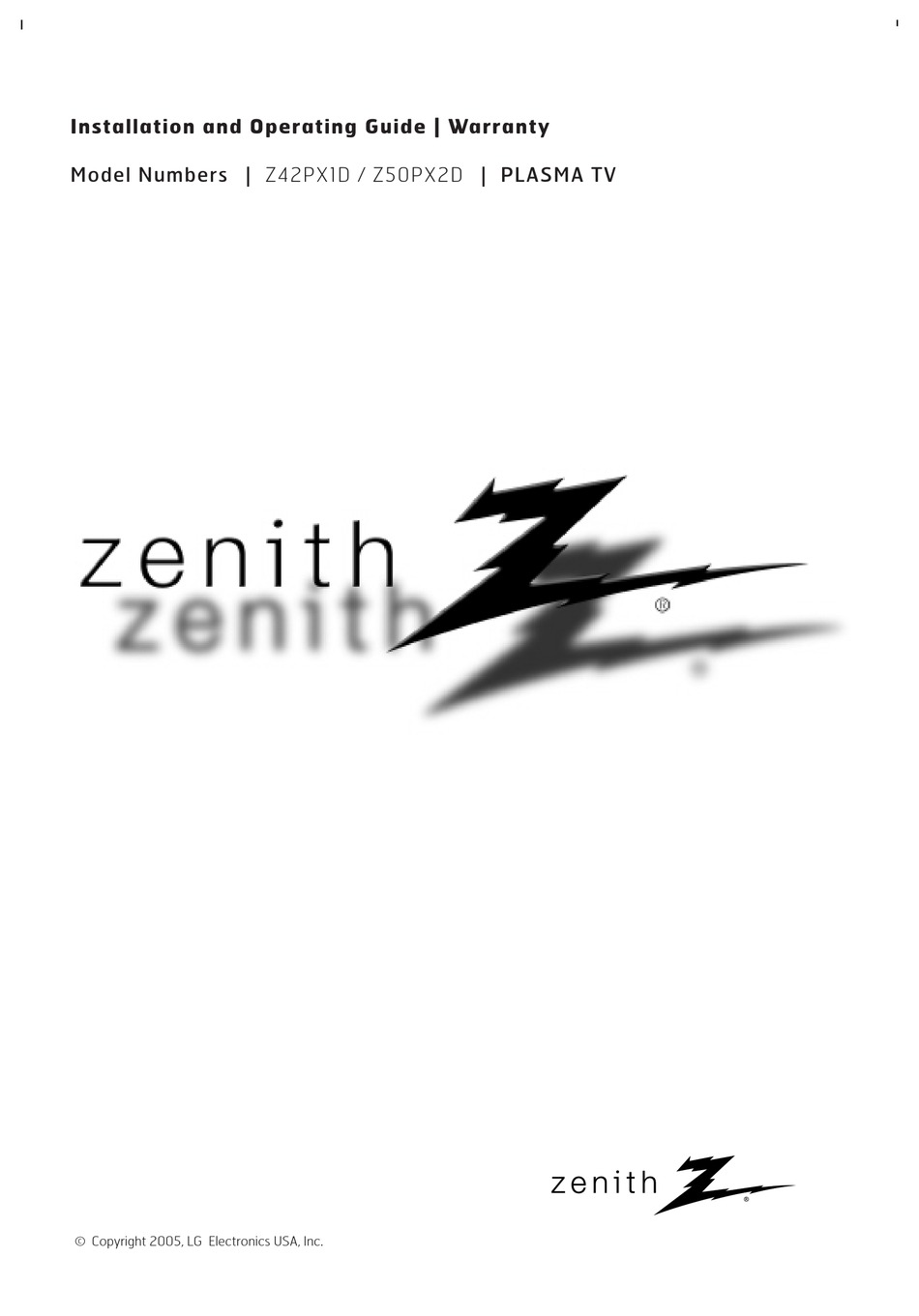 ZENITH 42PX3DVUD INSTALLATION AND OPERATING MANUAL, WARRANTY Pdf