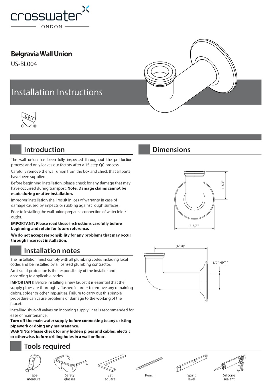 CROSSWATER BELGRAVIA WALL UNION USBL004 INSTALLATION INSTRUCTIONS Pdf