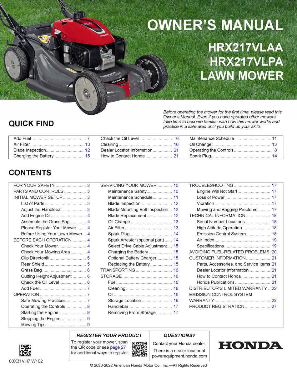 HONDA HRX217VLAA OWNER'S MANUAL Pdf Download | ManualsLib