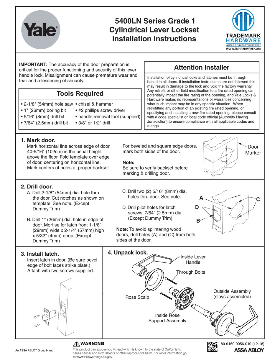 YALE 5439LN INSTALLATION INSTRUCTIONS Pdf Download ManualsLib