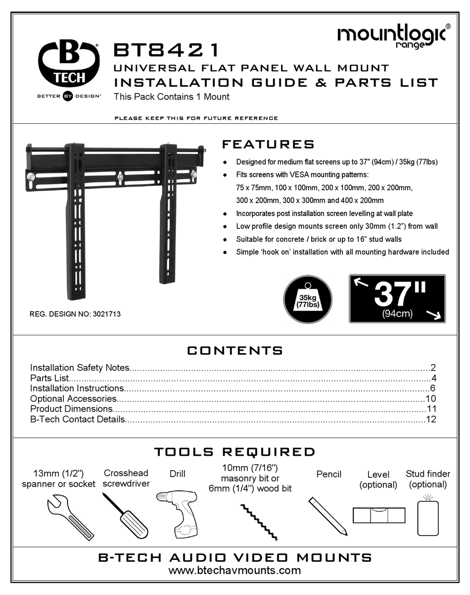 B-TECH MOUNTLOGIC RAGE BT8421 INSTALLATION MANUAL & PARTS LIST Pdf ...