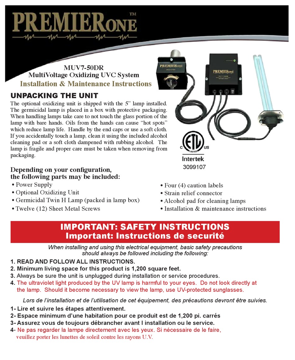 PREMIERONE MUV7-50DR INSTALLATION & MAINTENANCE INSTRUCTIONS MANUAL Pdf