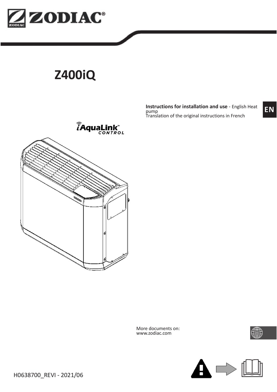 ZODIAC IAQUALINK Z400IQ INSTRUCTIONS FOR INSTALLATION AND USE MANUAL
