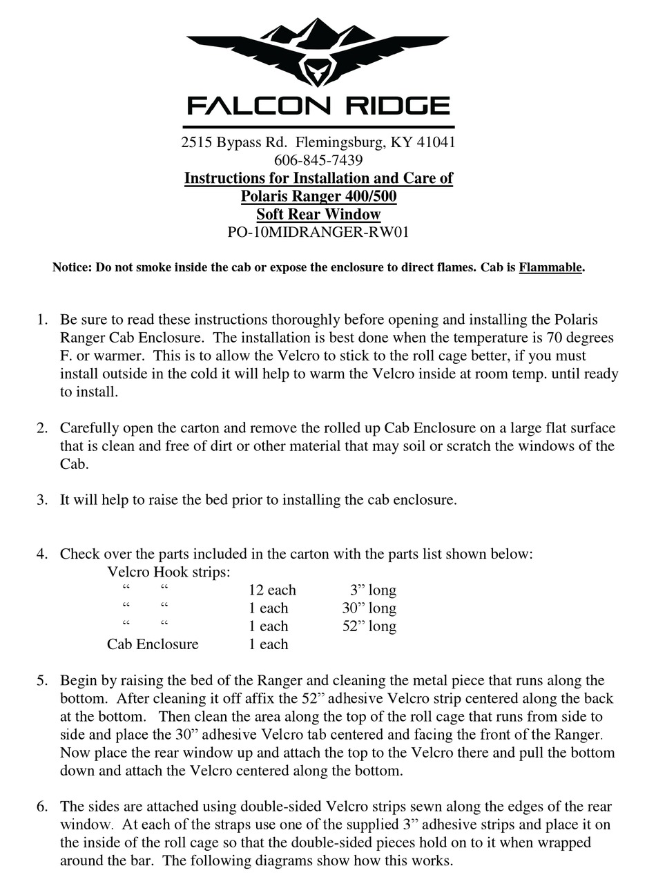 FALCON RIDGE PO10MIDRANGERRW01 INSTRUCTIONS FOR INSTALLATION AND CARE