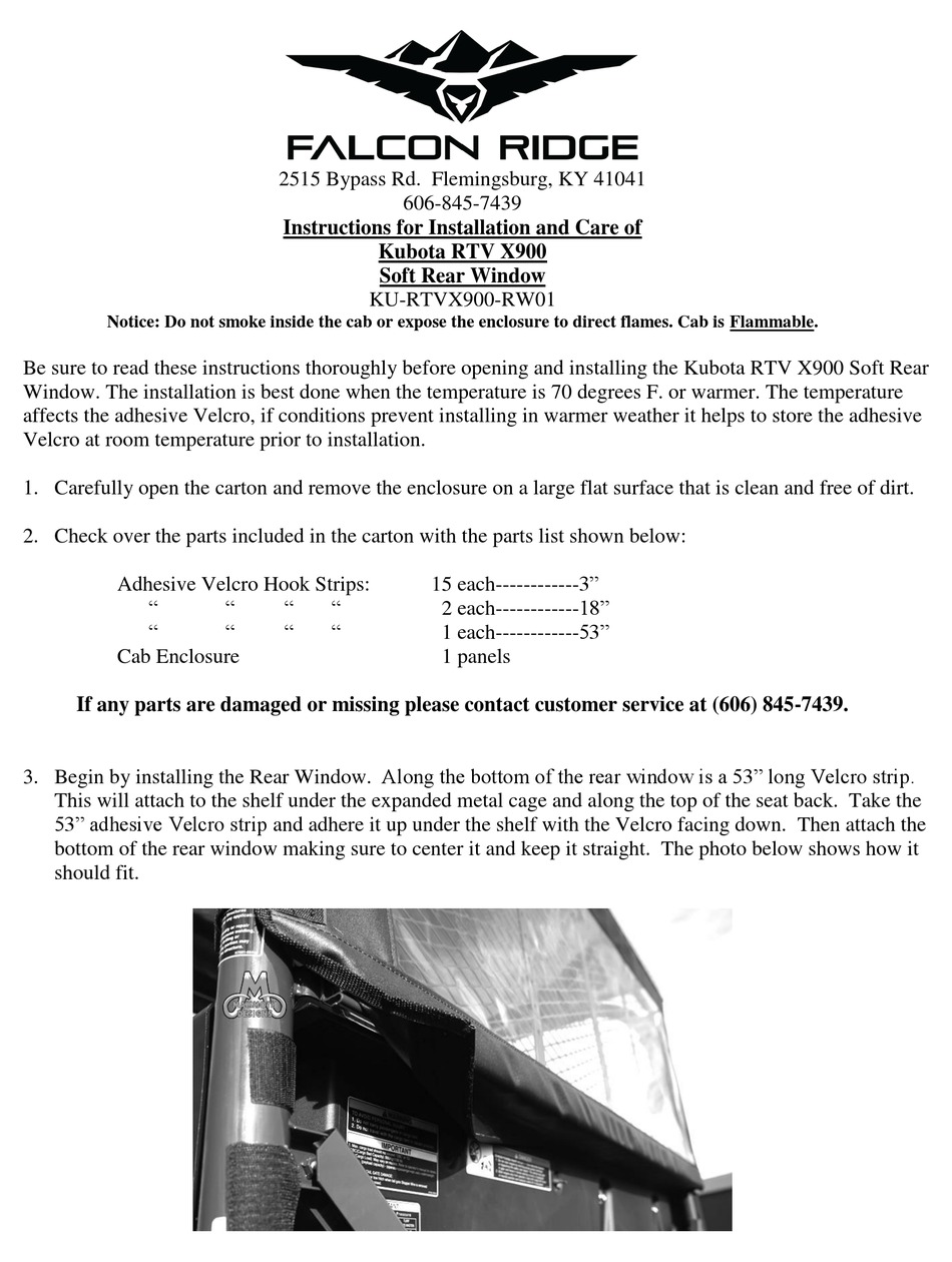 FALCON RIDGE KURTVX900RW01 INSTRUCTIONS FOR INSTALLATION AND CARE Pdf
