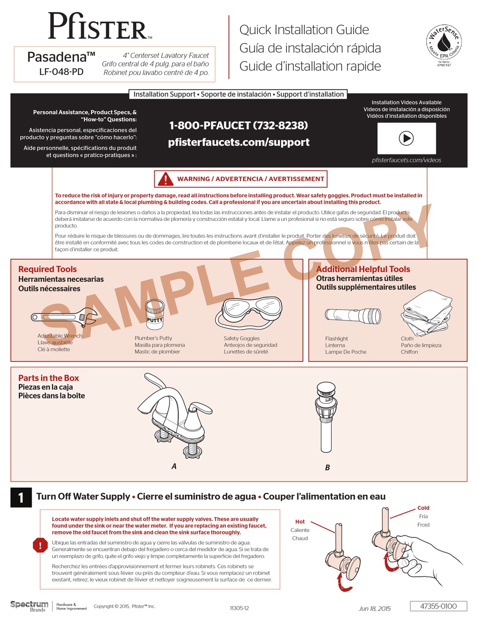 PFISTER PASADENA LF 048 PDCC QUICK INSTALLATION MANUAL Pdf Download   Pfister Pasadena Lf 048 Pdcc 