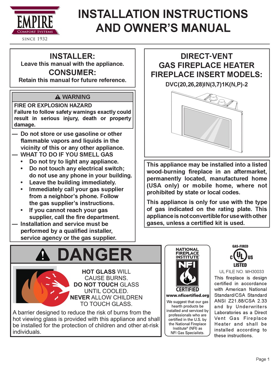 EMPIRE COMFORT SYSTEMS DVC28IN71 INSTALLATION INSTRUCTIONS AND OWNER'S
