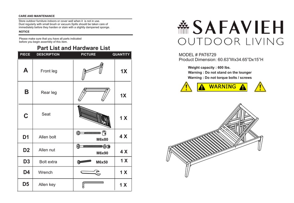 SAFAVIEH PAT6729 ASSEMBLY INSTRUCTIONS Pdf Download ManualsLib