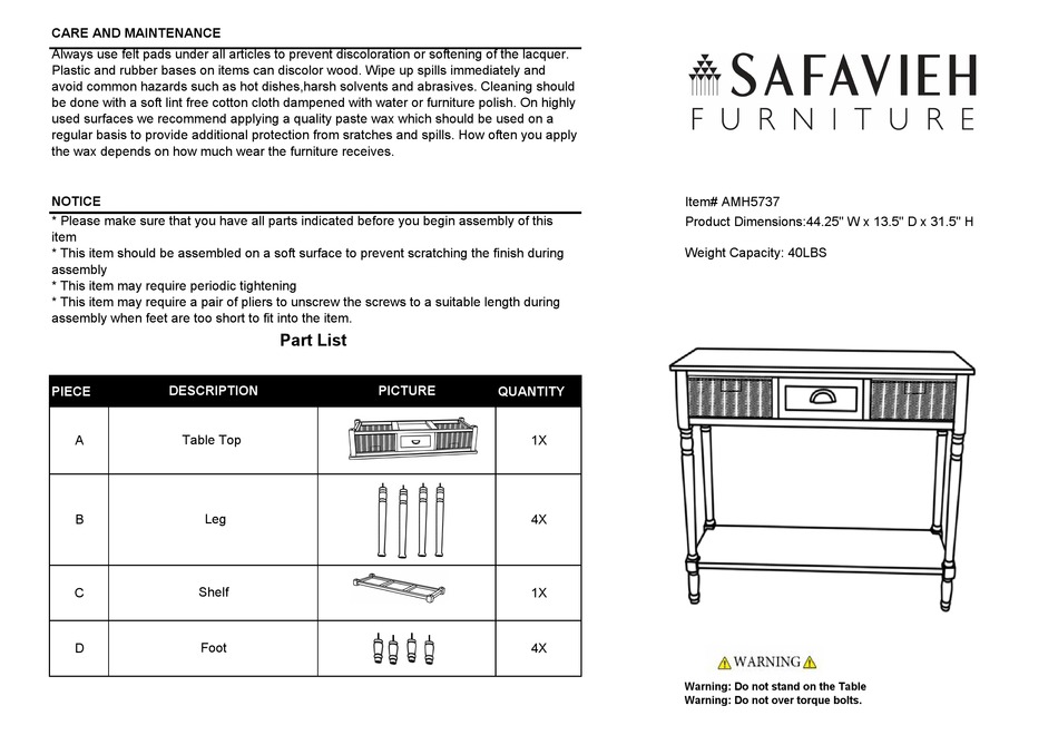 SAFAVIEH FURNITURE AMH5737 QUICK MANUAL Pdf Download ManualsLib