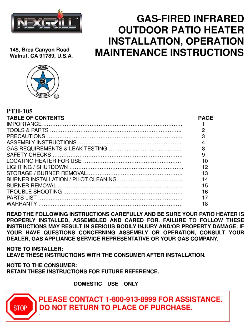 NEXGRILL PTH105 INSTALLATION, OPERATION & MAINTENANCE INSTRUCTIONS