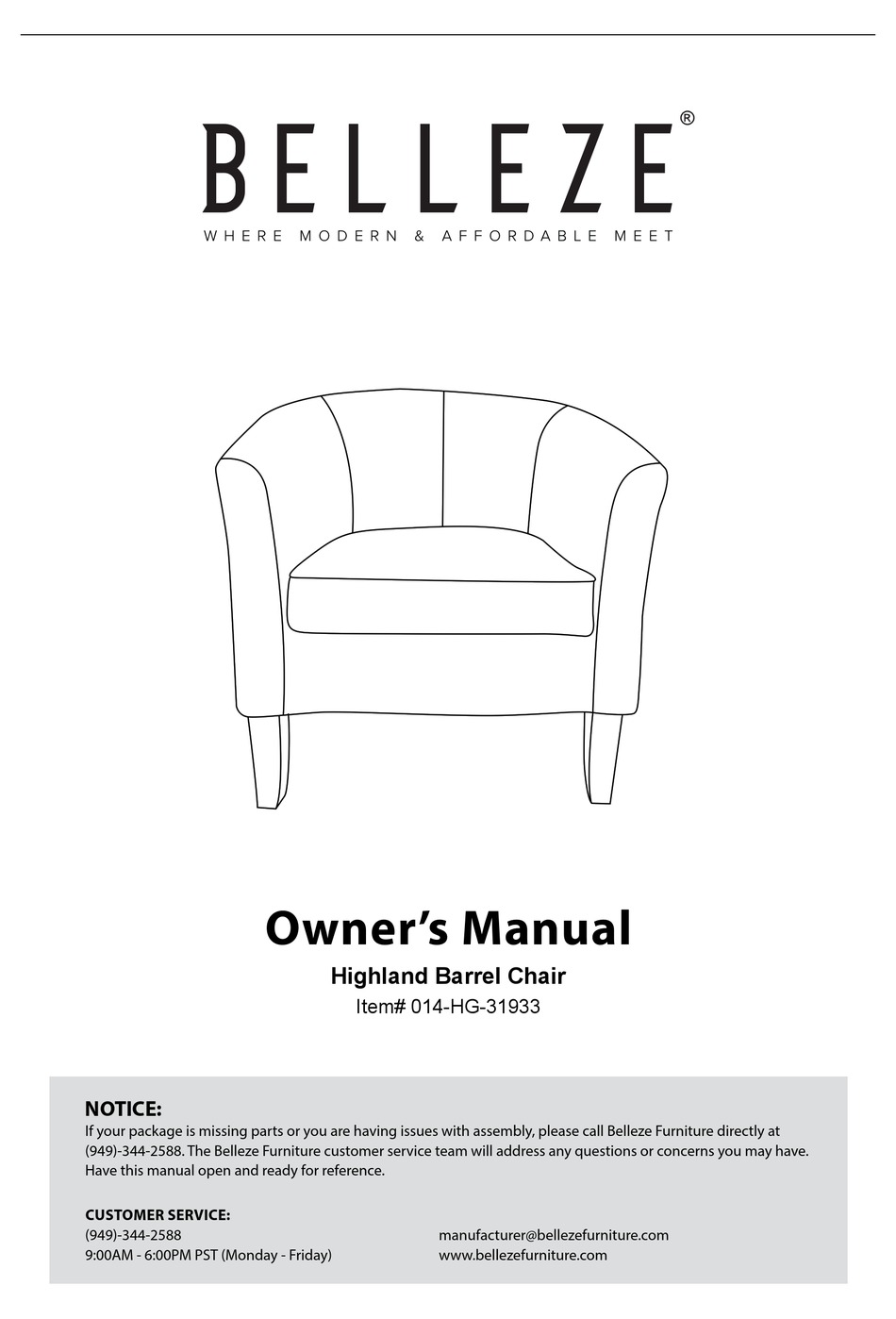 BELLEZE 014HG31933 OWNER'S MANUAL Pdf Download ManualsLib