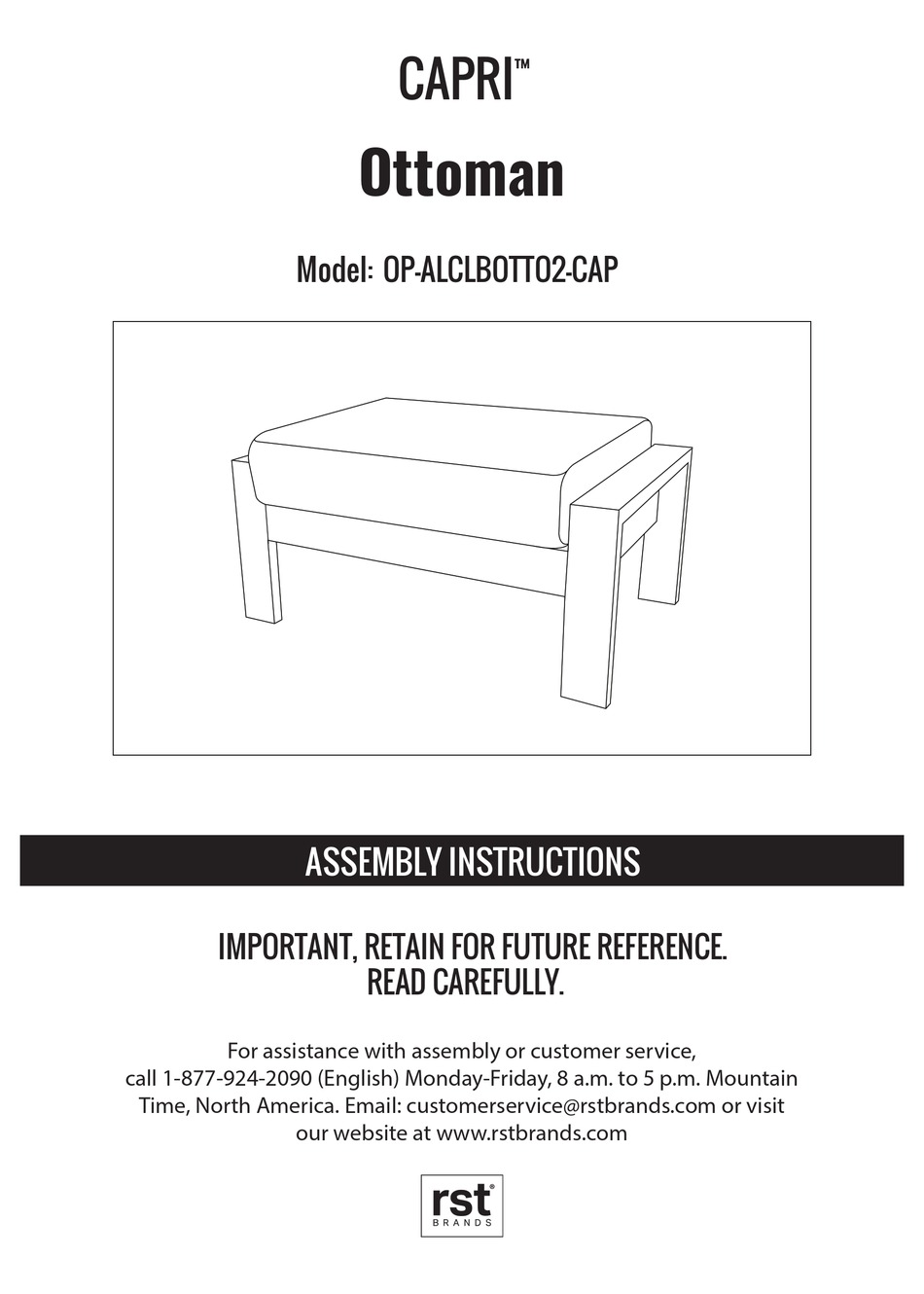 RST BRANDS CAPRI OTTOMAN OPALCLBOTTO2CAP ASSEMBLY INSTRUCTIONS MANUAL