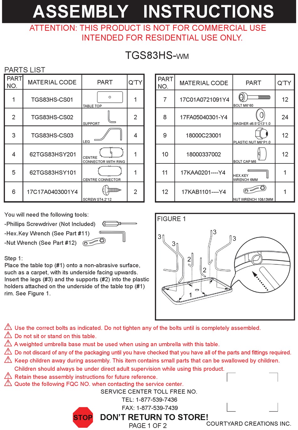 COURTYARD CREATIONS TGS83HSWM ASSEMBLY INSTRUCTIONS Pdf Download