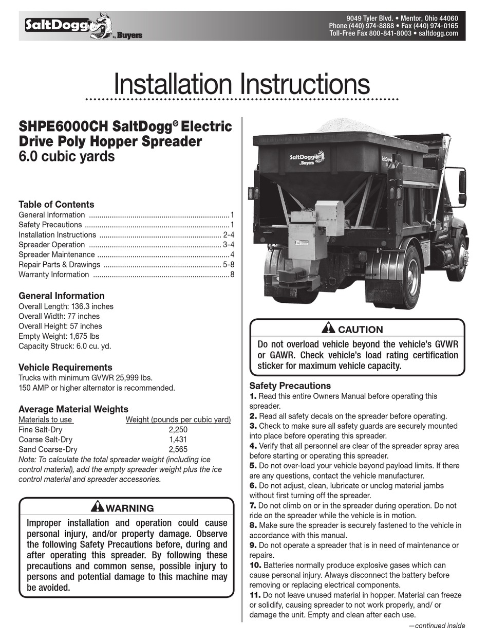 BUYERS SALTDOGG SHPE6000CH INSTALLATION INSTRUCTIONS MANUAL Pdf