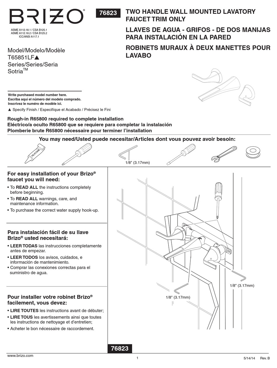 BRIZO SOTRIA T65851LFPN INSTALLATION INSTRUCTIONS MANUAL Pdf Download