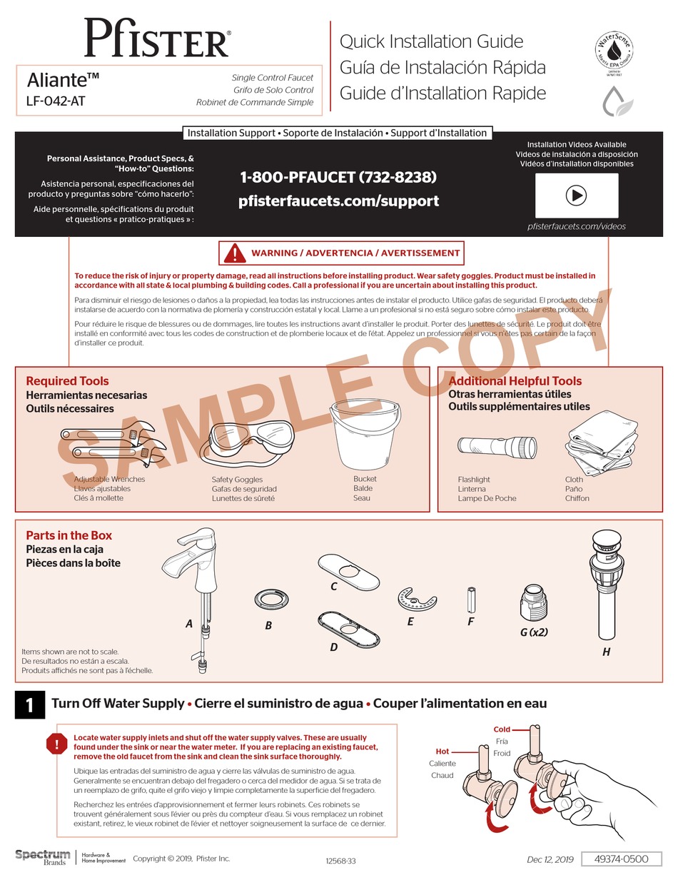 SPECTRUM BRANDS PFISTER ALIANTE LF 042 AT QUICK INSTALLATION MANUAL Pdf   Spectrum Brands Pfister Aliante Lf 042 At 