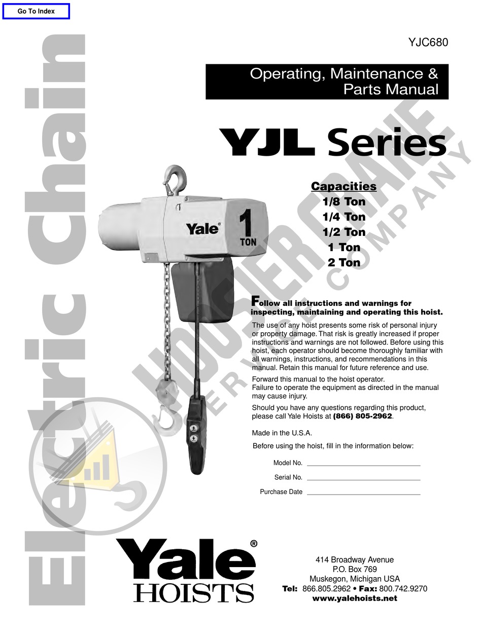 YALE HOISTS YJL SERIES OPERATING, MAINTENANCE & PARTS MANUAL Pdf