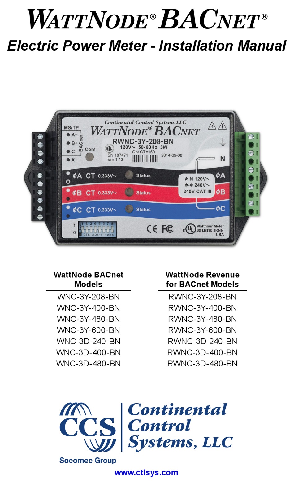 CONTINENTAL CONTROL SYSTEMS WATTNODE WNC3Y208BN INSTALLATION