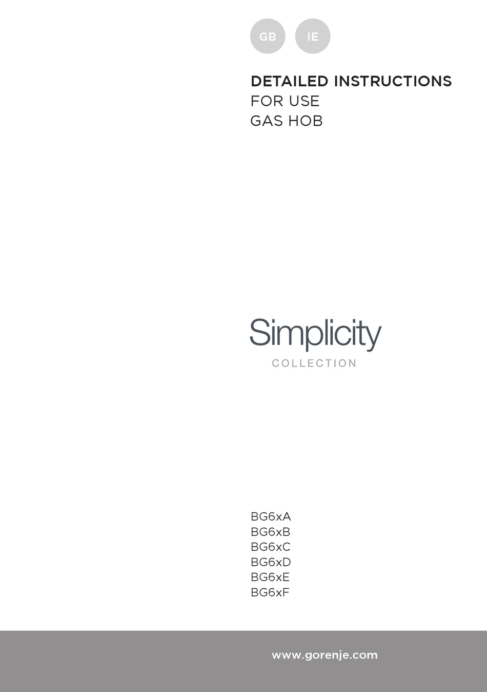 GORENJE SIMPLICITY BG6 B SERIES INSTRUCTIONS FOR USE MANUAL Pdf
