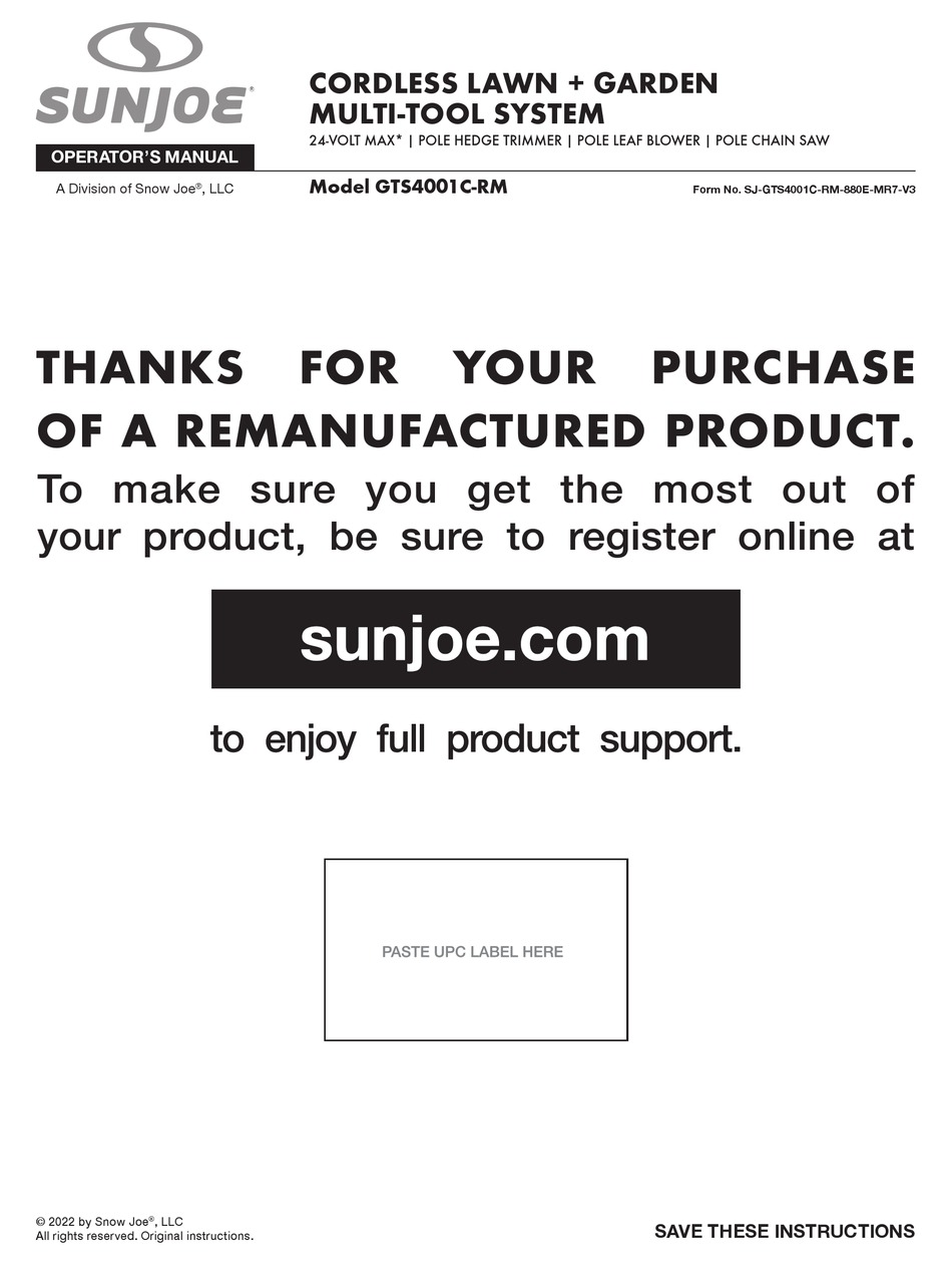SNOWJOE SUNJOE GTS4001C-RM OPERATOR'S MANUAL Pdf Download | ManualsLib