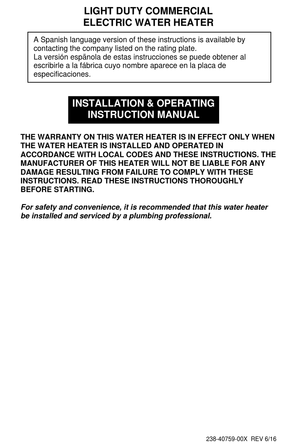 BRADFORD WHITE LE110U3 INSTALLATION & OPERATING INSTRUCTION MANUAL Pdf